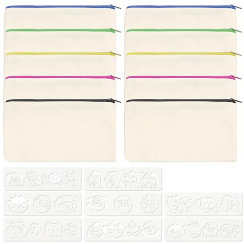 Yoicn Lth 10 Stück Federmäppchen zum Bemalen für Kinder, Blanko Stofftaschen 21 x 12 cm mit Schablonen, DIY Taschen zum Bemalen für Schule, Kreatives Malen & Basteln