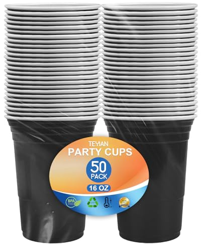 TEYIAN 50Pcs Plastic Cups 16oz/470ml Black Party Cups Drinking Cup Reusable & Recyclable for All Events Birthdays, Weddings, Picnics, Christmas, Anniversary Party