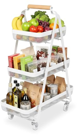 Relaxdays Trolley 3 Tier Metal Wooden Handle H 84.5 x W 57 x D 31 cm 4 Wheels Kitchen Bathroom Side Trolley White