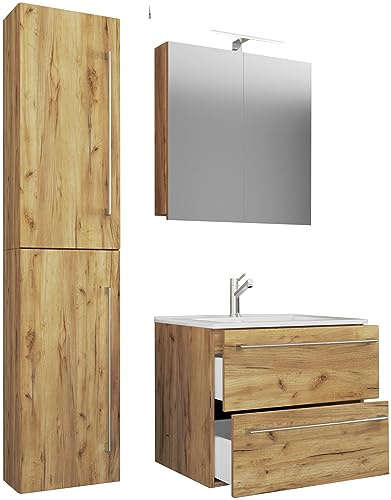 VCM 4-TLG. Waschplatz Waschtisch | Waschbecken Unterschrank Breite 60 cm | Badmöbel Set mit Schubladen Drehtüren Spiegelschrank | Badinos