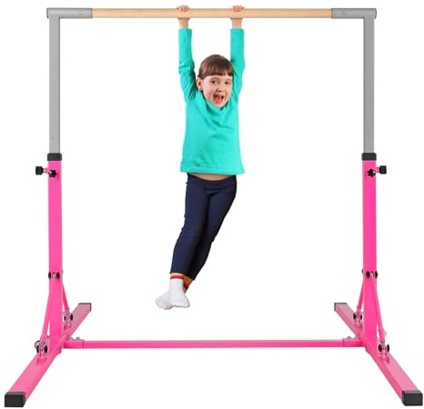 COSTWAY Gymnastik Turnreck klappbar, Turnreck 90-150cm höhenverstellbar, Reckstange mit Rollen, tragbarer Turnstangen bis 100kg belastbar, Reckanlage, Trainingsgeräte