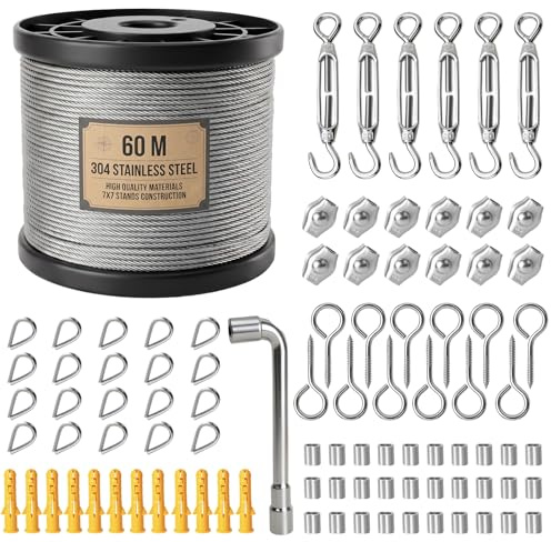 94 Pezzi Kit di Cavi Metallici in Acciaio Inox 304 da 60 M / 2 MM | Filo da Giardino per Piante Rampicanti, Recinzione, Traliccio, Stendibiancheria da Esterno, Sospensione di Lampade