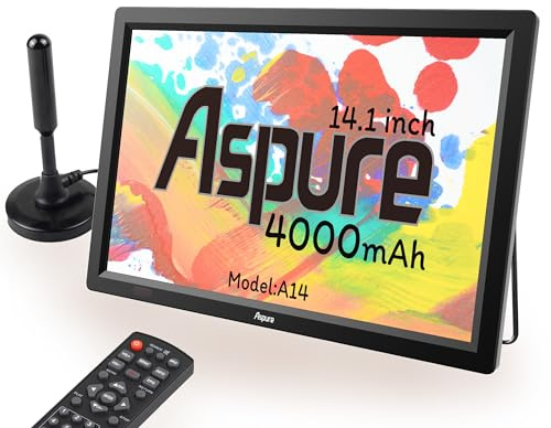 14 Inch Portable Digital DVB-T2 TFT HD Screen Freeview LED TV for Car,Caravan,Camping,Outdoor,Kitchen.Built-in 4000mAh Battery Television/Monitor with Multimedia Player FM function USB card ASPURE