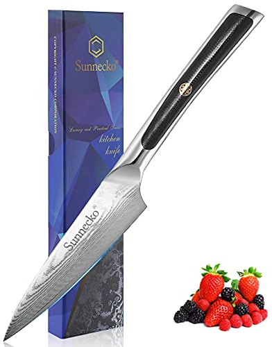 Sunnecko 9cm Schälmesser Damastmesser Gemüsemesser Obstmesser - Damast Küchenmesser Allzweckmesser mit Damaststahl Klinge G10 Griff Küchenmesser Scharf