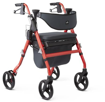 Medline Premium Empower Rollator Walker with Memory Foam Seat, Black & Red, 300 lb. Weight Capacity, 8” Wheels, Microban Technology, Cupholder, Rolling Walker for Mobility Impairment