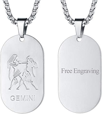 FaithHeart Collier Personnalisé Prénom,Pendentif Zodiaque Gémeaux Acier Inoxydable avec Chaîne 60cm,Bijoux Signe Astrologique Plaque Militaire Personnalisable Cadeau Homme Garçon Femme