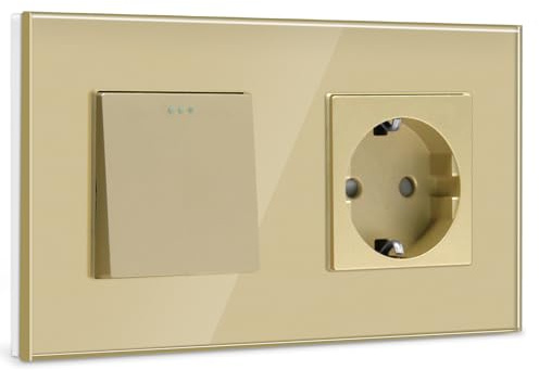 BSEED 1-Gang-Wandschalter + Schuko-Stecker 16 A, Gold, Drucktastenschalter, Wandsteckdose für Küche