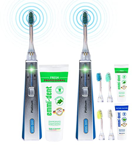 emmi-DENT Ultraschall Zahnbürste I Platinum Familien-Set in Carbon & Blau I 2 Handteile inkl. Aufsätze, 2 Ladestationen & 2x Zahnpasta I Sanfte Plaque-Reduzierung ohne Bürstenbewegung