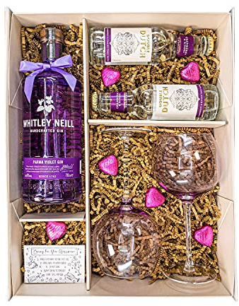 Whitley Neill Gin 70cl Gift Set Hamper With 2 Violet Balloon Gin Glasses, Tonics, Chocolates and Gift Box - G&T Congratulations, Thank you Gin Hamper for Couples (Parma Violet)
