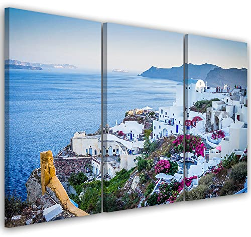 Feeby 3-teilig Bild auf Leinwand 60x40 cm Wellen Griechenland Himmel Meer Kunstdruck Modern Wandbilder Deko Flur Wohnzimmer Sonnenuntergang Insel Santorin Blau