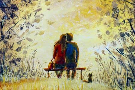 Acryl-Bild 140 x 90 cm: Ölgemälde Romantik und Liebe. EIN liebevolles Paar und eine Katze - EIN junger Mann und EIN schönes Mädchen sitzen auf Einer Ban(128706449)