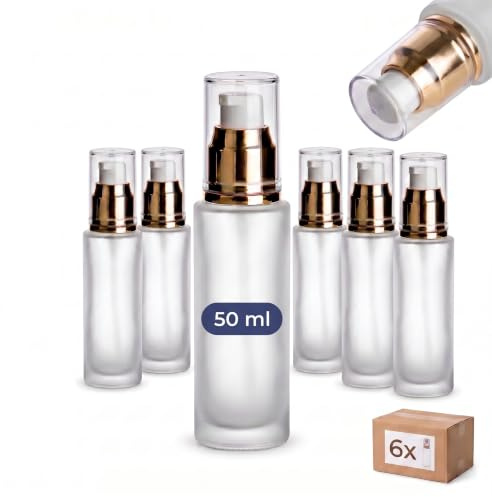 gouveo 6er Set Lotionflasche 50 ml aus Matt-Glas mit Pumpspender - Leere Pumpflasche mit Pumpkopf zum Nachfüllen - Lotionspender für Creme, Duschgel, Handgel, Kosmetik