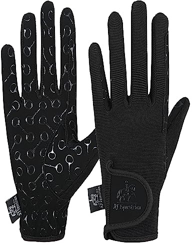 AF EQUESTRIAN Children's Horse Riding Gloves Track Fabric Gloves Synthetic Leather Equestrian Black Stretch Fabric Silicone Printed Palms Kids Gloves (Small)