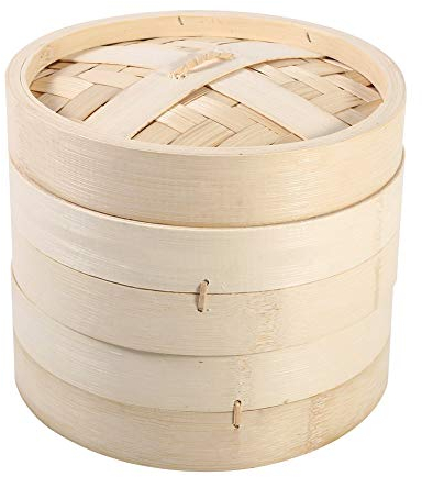 OKJHFD Bamboo Steamer Basket, 2 Tiers Vegetable Steamer Basket Natural Rice Cooking Food Cooker with Lid Dumpling Steamer Bamboo Steam Basket or Cooking Food(22cm)