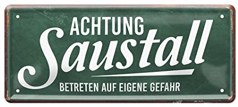 Achtung Saustall Retro Blechschild - lustiges Warnschild mit witzigem Spruch - Blechschilder Deko für Arbeit Büro Betrieb Firma Kinderzimmer Jugendzimmer - 28x12cm