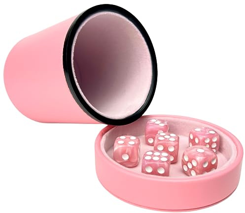 Luck Lab Pink Leather Dice Cup with Lid Including 6 Matching Pearl Dice - Pink Velvet Interior for Quiet Shaking - Use for Liars Dice Farkle Yahtzee Board Games