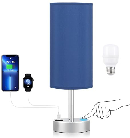 Dicoool Navy Blue Touch Lamp for Boys - Small Nightstand Lamp with USB-C and USB Charging Ports, 3 Way Dimmable Bedside Table Lamp with Fabric Shade Silver Base for Nursery, Dorm, Office, Reading