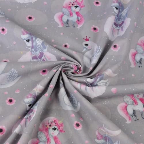 Textrend Baumwollstoff - Stoff zum Nähen - 100% Baumwolle - Textilien 1x1.6m - Stoffe Meterware - Einhorn Muster (Einhörner mit Schwänen blau-rosa auf grauem Hintergrund)