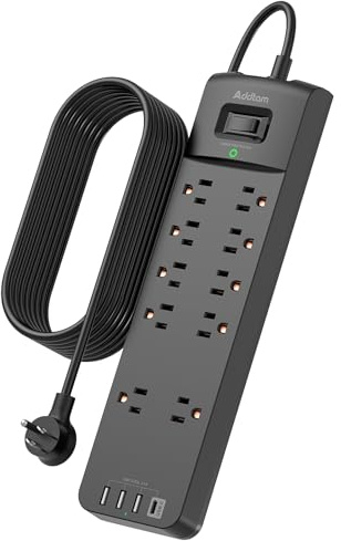 12FT Long Power Strip Surge Protector, Addtam Surge Protector with 10 Outlets and 4 USB Ports, Extension Cord with Flat Plug, 2700 Joules, ETL Listed, Black