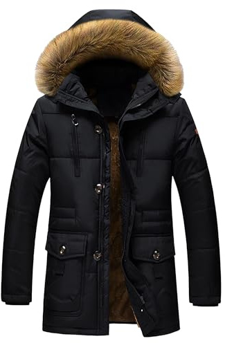 ZDJSWJ Män pälskrage huva tjock dunjacka parkas varm dunjacka stor hög vattentät lång kappa, svart, L