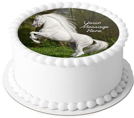A4 Edible Decor Icing Sheet PERSONALISED White Horse Design 7-8 Circle Cake Topper Decoration - Great for larger cakes