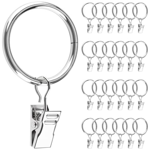 Caianwin 25 stycken gardinringar i metall med clips 32 mm innerdiameter gardinringar för stång fönster dörr duschdraperi tvättlina (silver)