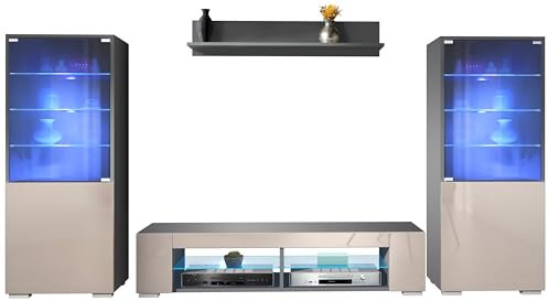 Vladon Ensemble Mural Nevada V2, Meuble de Salon composé de 2 vitrines, 1 Meuble TV et 1 étagère Murale, Anthracite Mat/Gris Sable Haute Brillance éclairage LED Inclus (304,5 x 141 x 39 cm)
