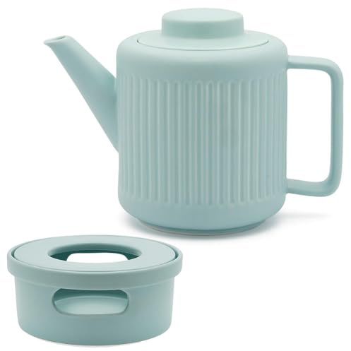 Bredemeijer Teekanne Set 1.2 Liter blaues Porzellan mit Edelstahl Tee-Filter Sieb-Einsatz für losen Tee & Ø 14 cm Stövchen für 1 Teelicht - ideal für duftende & blumige Teesorten