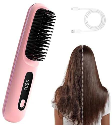 Go Brush Pro, Cordless Hair Straighteners Brush, Portable Wireless Hair Straightening Brush for Short Hair, USB Rechargeable Heated Hot Comb with 3 Temperature Settings, Mini Styling Comb for Travel