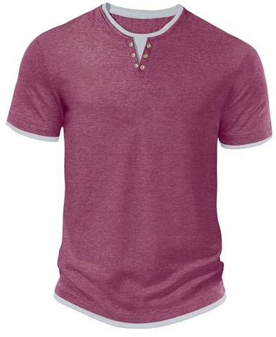 Hisir T-shirt d'été Henley à manches courtes et col rond pour homme - Coupe droite - Décontracté - Couleurs contrastées classiques