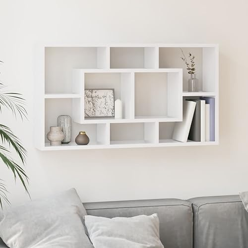 Myheimly Wandregal Wandboard Bücherregal CD DVD Regal mit 8 Fächern Hochglanz-Weiß