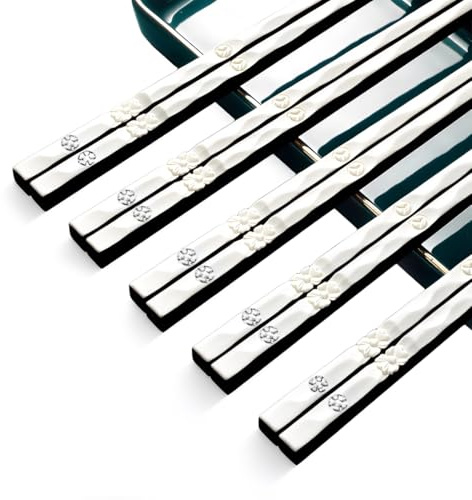 JEYORZY 5 Paar Essstäbchen, spülmaschinenfest mit Motiv für Gravur, japanische Stäbchen, Sushi Stäbchen, Geschenk-Set - weiß, silber