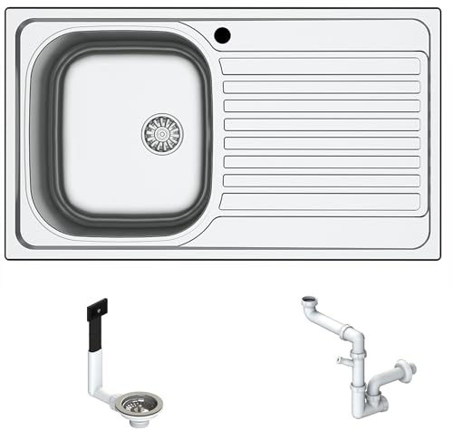 ATL861RVE ● Lavello Incasso Cucina FHULLER Serie ATLANTE Acciaio Stampato Prelucido cm. 86 X 50 1 Vasca Sinistra 37 X 33 Altezza 15,5 e Gocciolatoio Destro - Piletta da 3,5 Grande● Made in Italy