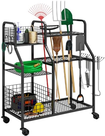 Rangement d'outils de jardin à roulettes 3 niveaux garage robuste noir max