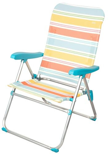 AKTIVE Silla de playa plegable, 47x63x93 cm, Reclinable 5 posiciones, De aluminio y textileno, Rayas multicolor, Antivuelco, Ligera y portátil, Asas de mano, Fácil transporte, Modelo Santorini (62422)