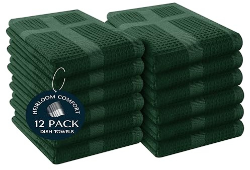 HEIRLOOM COMFORT 12 Pack Waffle Weave Kitchen Towels, 40x66 cm, 100% Cotton, Absorbent Dishcloth Set, Quick Dry, Soft for Cleaning, Wiping, Hand Towels, Dish Rags, Wash Cloth, Durable, Forest Green