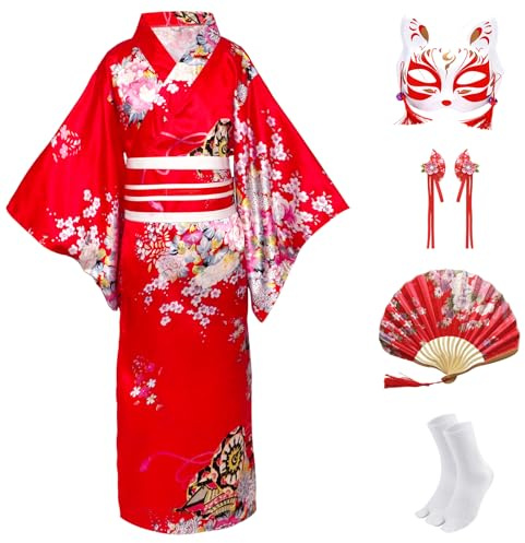 CRFASIBE 5 Pezzi Bambini Giapponesi Kimono Robe, Ragazza Yukata Geisha Vestito Accappatoio per Spa, Seta Kimono Cosplay Abbigliamento con Accessori per Feste Maschera(Rosso,130cm)