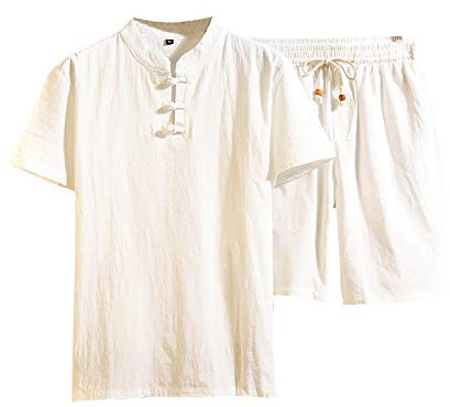 Conjunto de lino de verano para hombre, talla grande, informal, camisa y pantalones cortos, transpirables, cómodos, conjuntos deportivos y de playa con cordón, juego de gimnasia, gimnasio, correr, de
