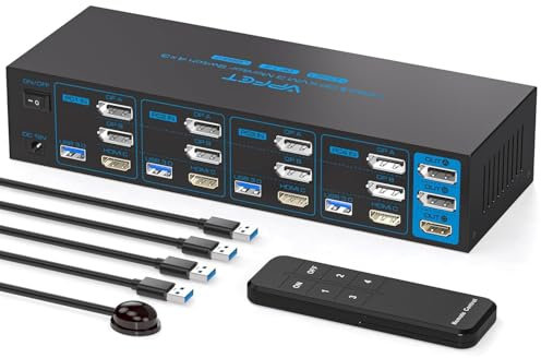 AILVLVNG 4K144Hz 2 Displayport HDMI 4 PC 3 Monitore KVM Switch 8K60Hz Unterstützt 4 Computer die sich 3 Monitors und 4 USB 3.0 Anschlüsse, wie Tastaturen Mäuse Drucker und U Disk