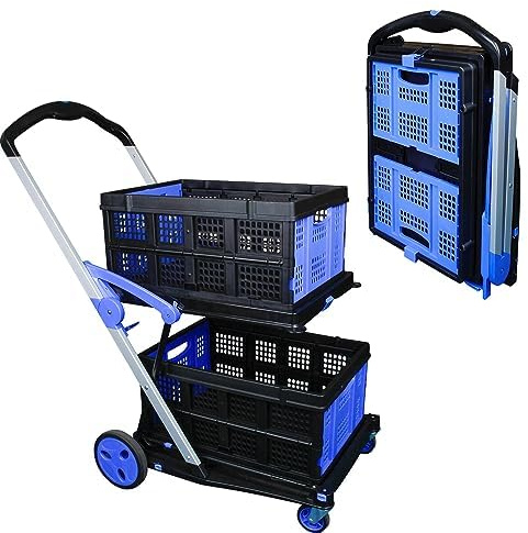 APOXCON Folding Shopping Cart with 2 Crates | Two-Tier Collapsible Trolley, Heavy Duty Foldable Cart with Universal Wheels for Extra Storage - Ideal for Shopping, Office & Picnics