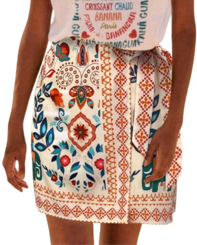 Talakeno Womens Summer Floral Wrap Short Skirt Tie Side High Waist A Line Beach Vacation Boho Mini Skirt, White, M