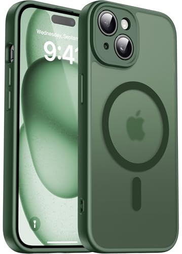 Natiiozie Cover Magnetica per iPhone 15 Compatibile con MagSafe, Protezione Fotocamera Integrata Antiurto, Traslucida Opaca Posteriore Protettiva Case iPhone 15 Custodia 6.1, Verde scuro