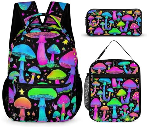 peiyeety Mochila con lonchera y bolsa de cosméticos, conjunto de mochila colorida con estampado de setas de neón, mochila con lonchera, bolsas de almacenamiento