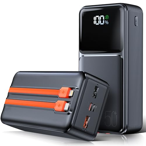 50000mAh Power Bank Tragbares Ladegerät mit 2 Kabel: PD30W 5 Ausgängen 2 Eingängen schnell aufladende Externe Batterie USB C,Externe Handyakkus mit Taschenlampe LED Display | großer Kapazität