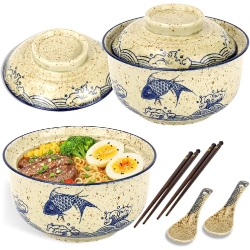 PQHIQ 2 Set Ceramic Ramen Bowl Set, 800ml with Lid, Spoon and Chopsticks | Japanese Vintage Large Soup Bowls Instant Noodle Bowl Asian Tableware for Microwave & Dishwasher Safe, Fish
