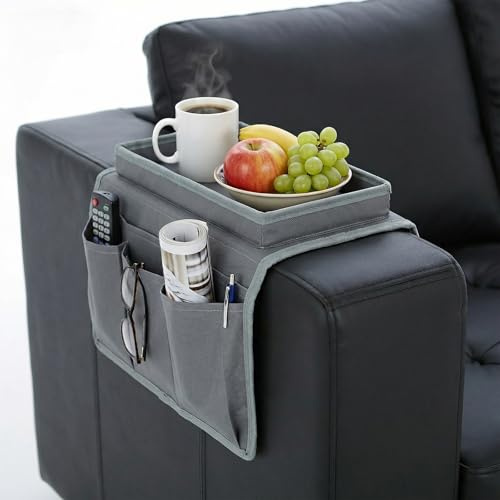 DAWRIS Organizer per bracciolo divano e poltrona, con 5 tasche antiscivolo, portaoggetti per cellulare, libro, riviste, tablet, snack e bevande, grigio