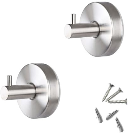 BUSORI | Gancho Pared Baño | Colgadores Toalla Acero Inoxidable 304 | Colgador Albornoz | Taladro Pared Cocina | Tornillos Incluido | Regalo 1 Ventosa | 2 Piezas. (2, PLATA)