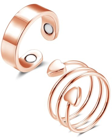 Zecimi Magnetring Silber, 2PCS Paar Anti Stress Ring Set für Damen Mädchen | Paar Einfach & Herz/Blätte/Blume/Wellen Verstellbar Vital Ring Set zum Abnahmen, Liebespaar Fidget Ring für Besser Schlaf