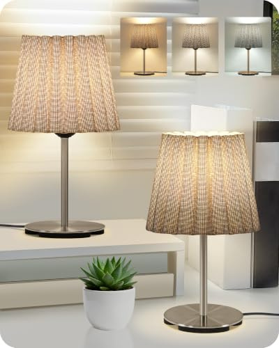 GOEBLESON Nachttischlampe 2er Set Grau, Tischlampe mit Kabel Schlafzimmer | Matte Nickeloberfläche, mit E27 Birnen, 3 Farbtemperaturen, Fensterbank Lampe, für Nachttisch, Schlafzimmer, Wohnzimmer