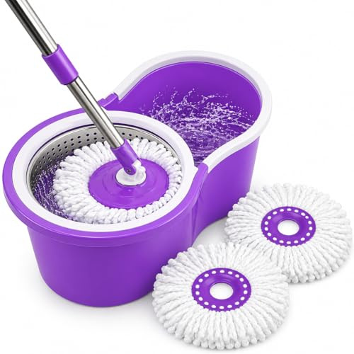 360° Spin Mop Bucket Set with 2 Microfibre Heads – Magic Spin Dry Floor Cleaning System, Stainless Steel Handle, Hands-Free Wringer for Wooden, Marble & Tile Floors (Purple)
